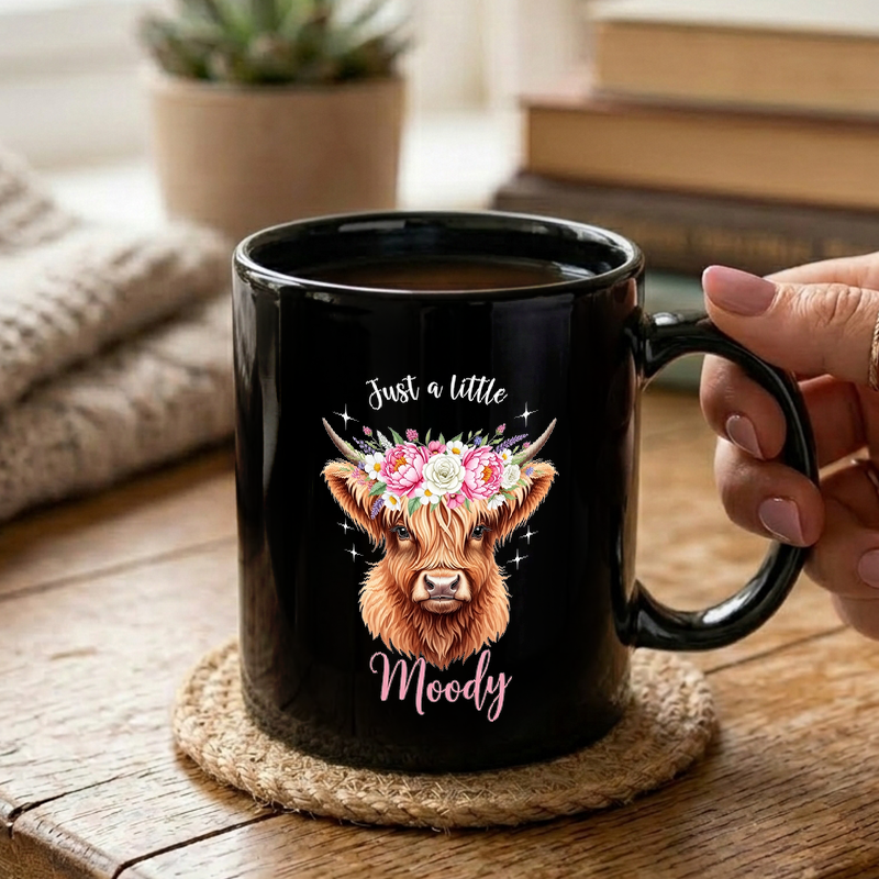 Moody Highland Cow Floral Mug