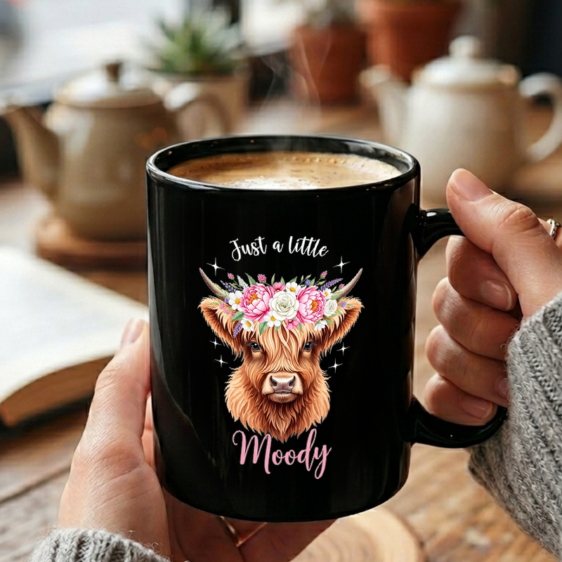 Moody Highland Cow Floral Mug
