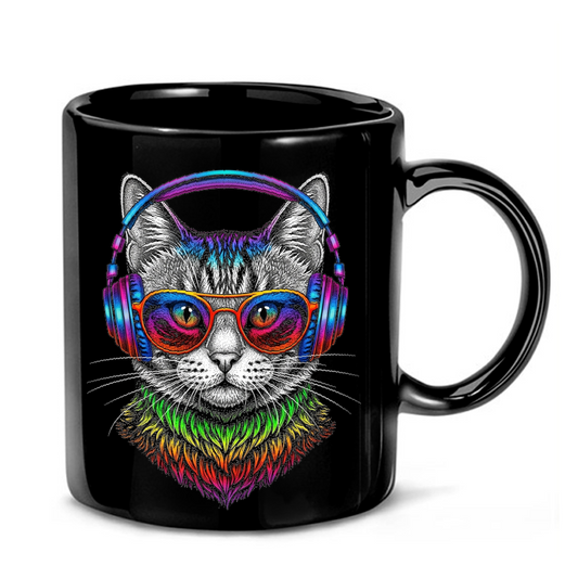Psychedelic Cat Headphones Art Mug