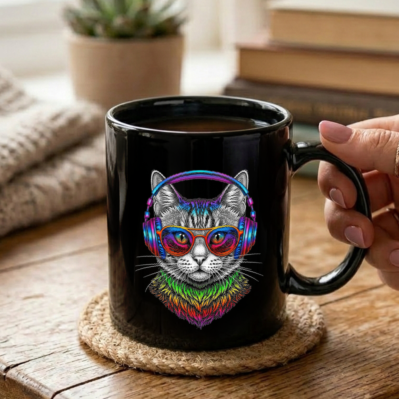 Psychedelic Cat Headphones Art Mug