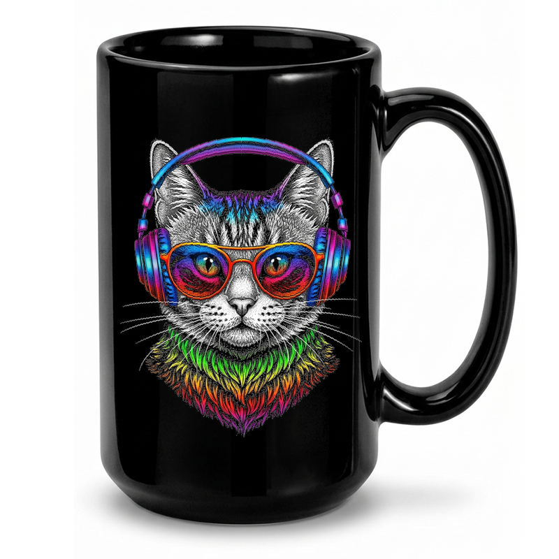 Psychedelic Cat Headphones Art Mug
