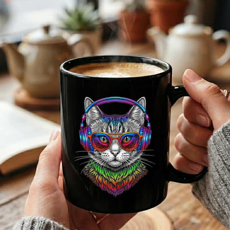 Psychedelic Cat Headphones Art Mug