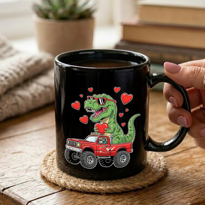 Dino Driving with Hearts Mug