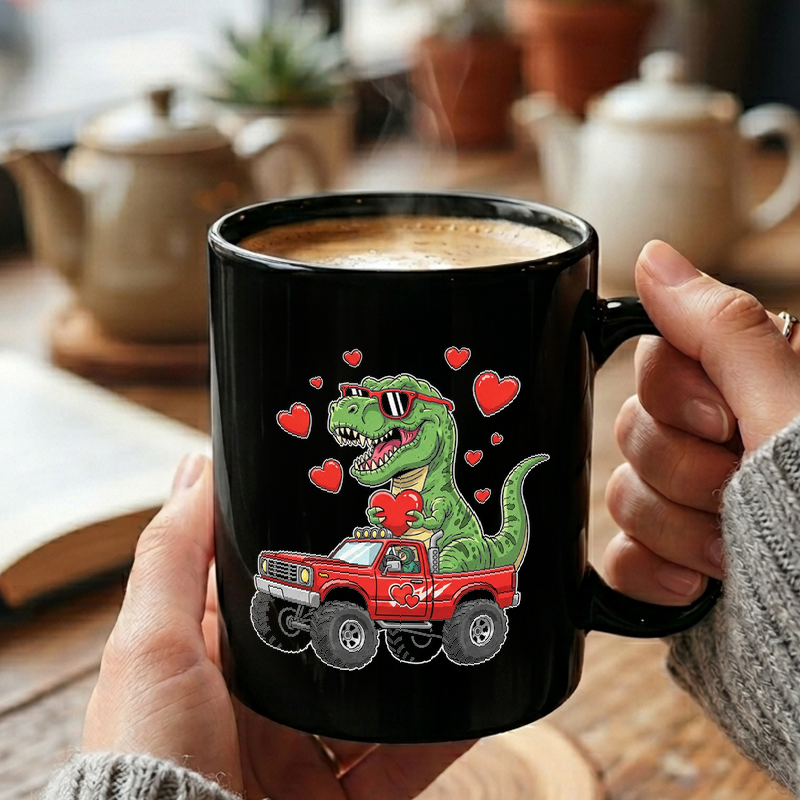 Dino Driving with Hearts Mug