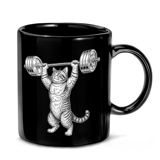 Weightlifting Cat Illustration Mug