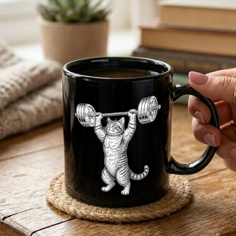 Weightlifting Cat Illustration Mug