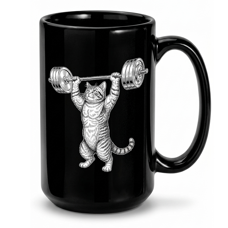 Weightlifting Cat Illustration Mug