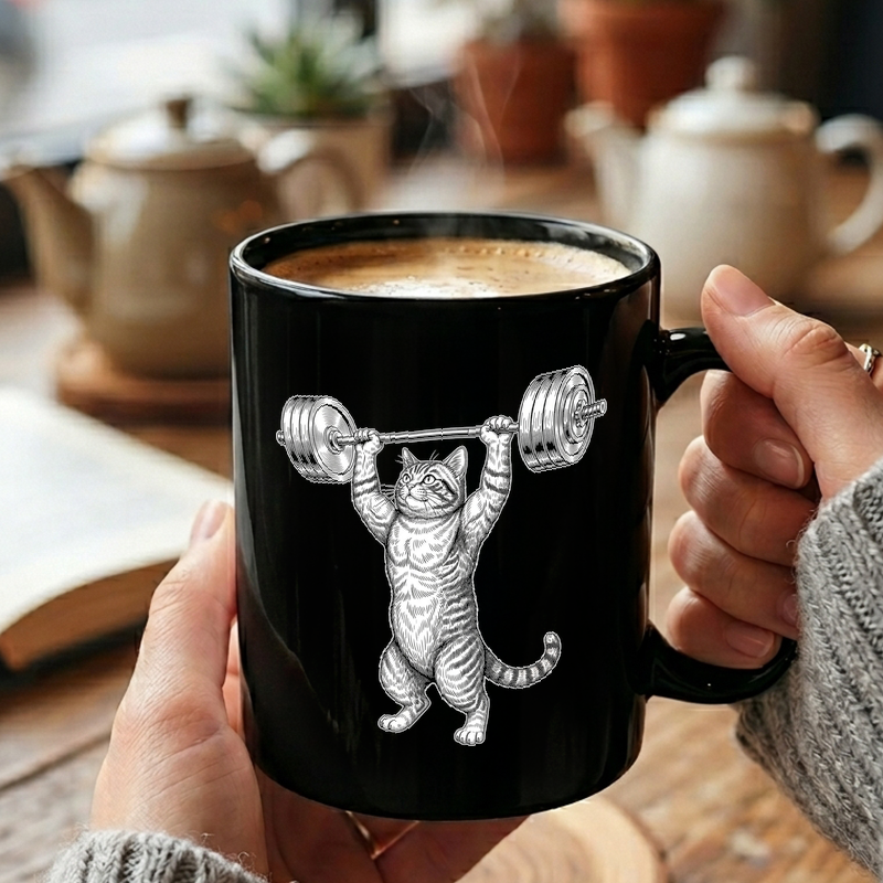 Weightlifting Cat Illustration Mug