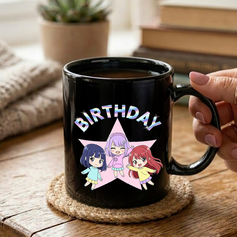 Vibrant Y2K Chibi Birthday Group Art - Pastel Anime Girls Mug