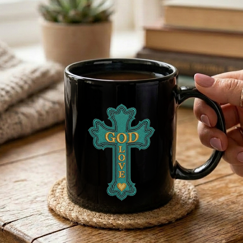 Teal Cross with Gold Script Mug