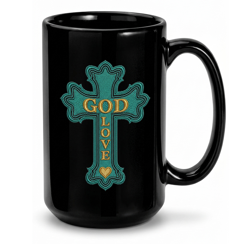 Teal Cross with Gold Script Mug