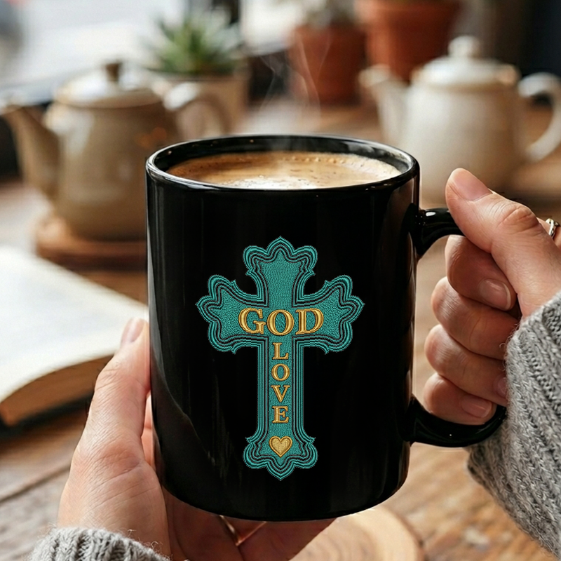 Teal Cross with Gold Script Mug