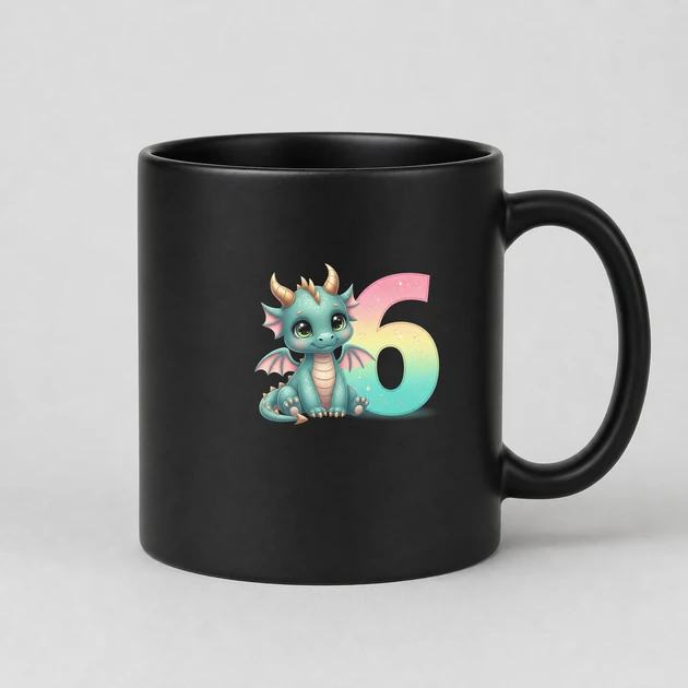 6Th Birthday Dragon on black Mugs