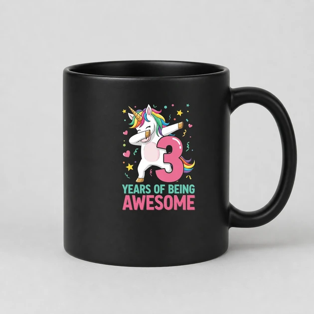 3 Years Old Unicorn Flossing on black Mugs