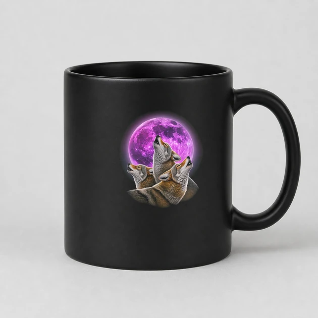 3 Coyote Howling At The Moon on black Mugs