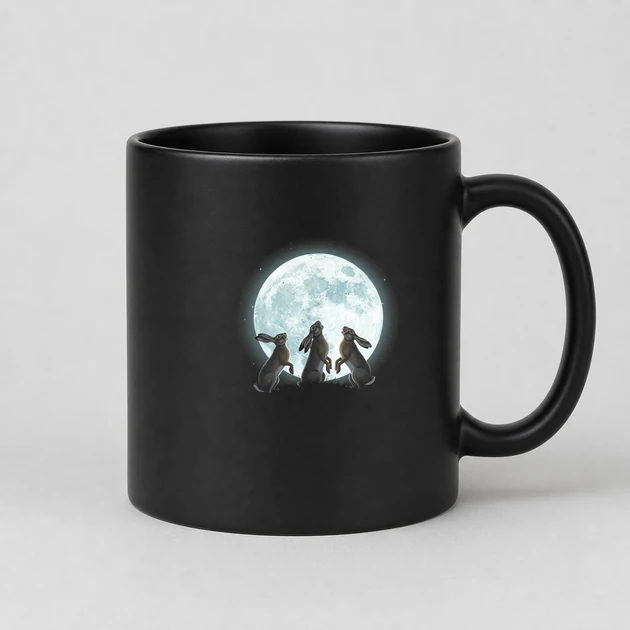 3 Hares Howling At The Moon on black Mugs