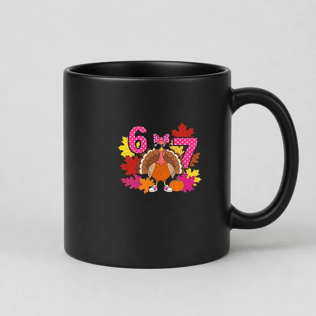 6 7 Thanksgiving Meme on black Mugs