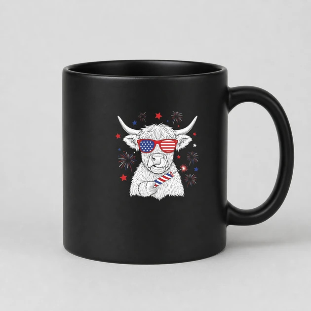 4Th July Heifer on black Mugs
